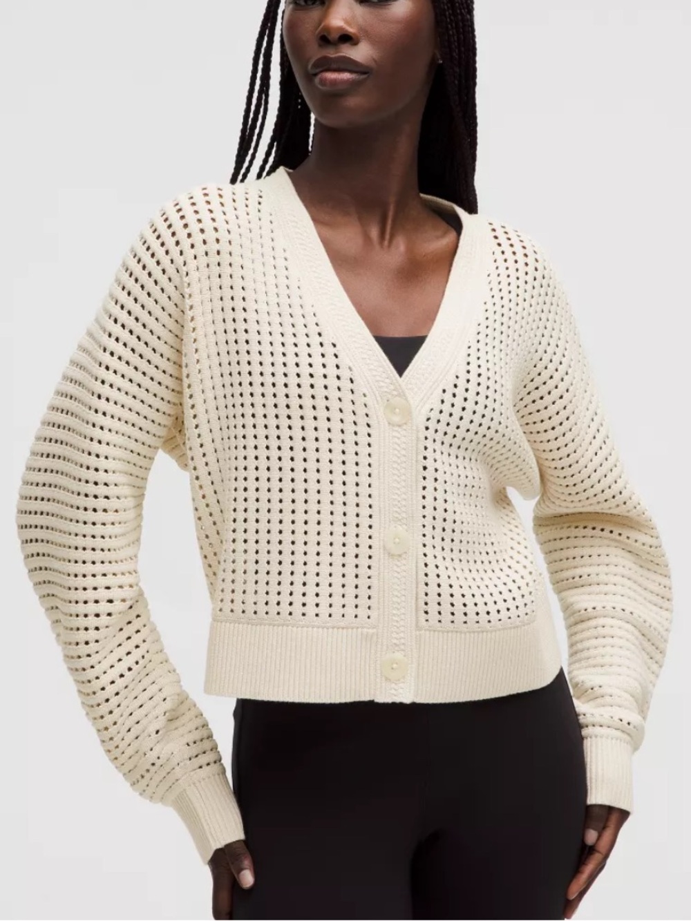 NWOT Lululemon sz XS cotton Crochet Mesh Cardigan Cream Open-Knit V-Neck